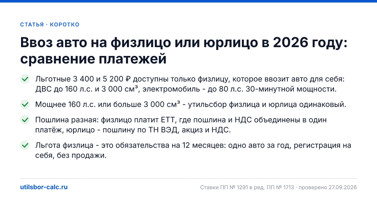 Ввоз авто на физлицо или юрлицо в 2026 году: сравнение платежей