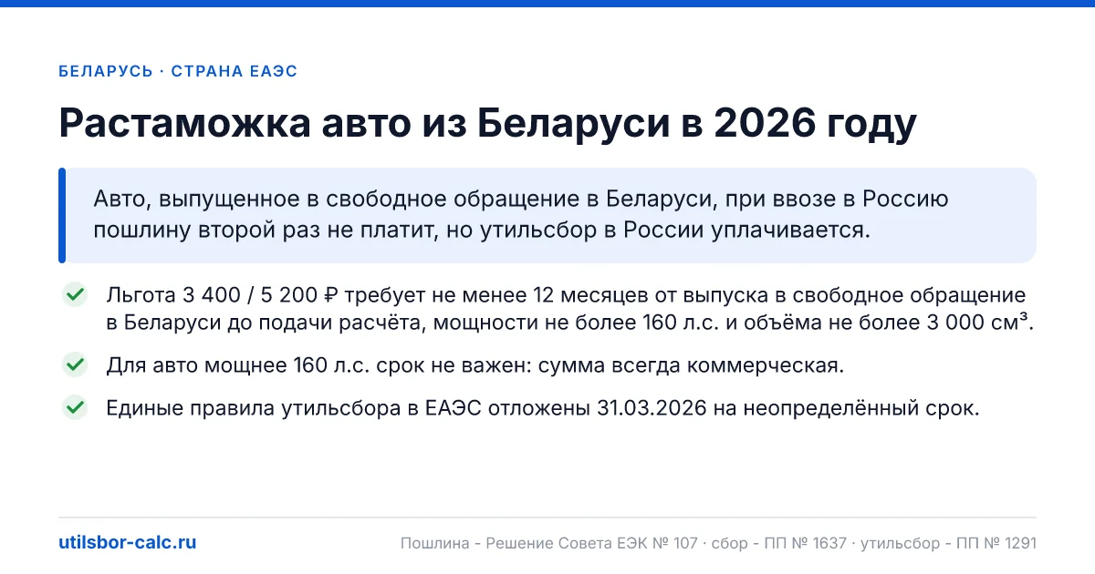 Растаможка авто из Беларуси в 2026: пошлина, утильсбор, итог