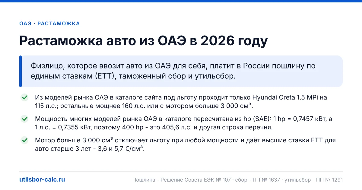 Растаможка авто из ОАЭ в 2026: пошлина, утильсбор, итог