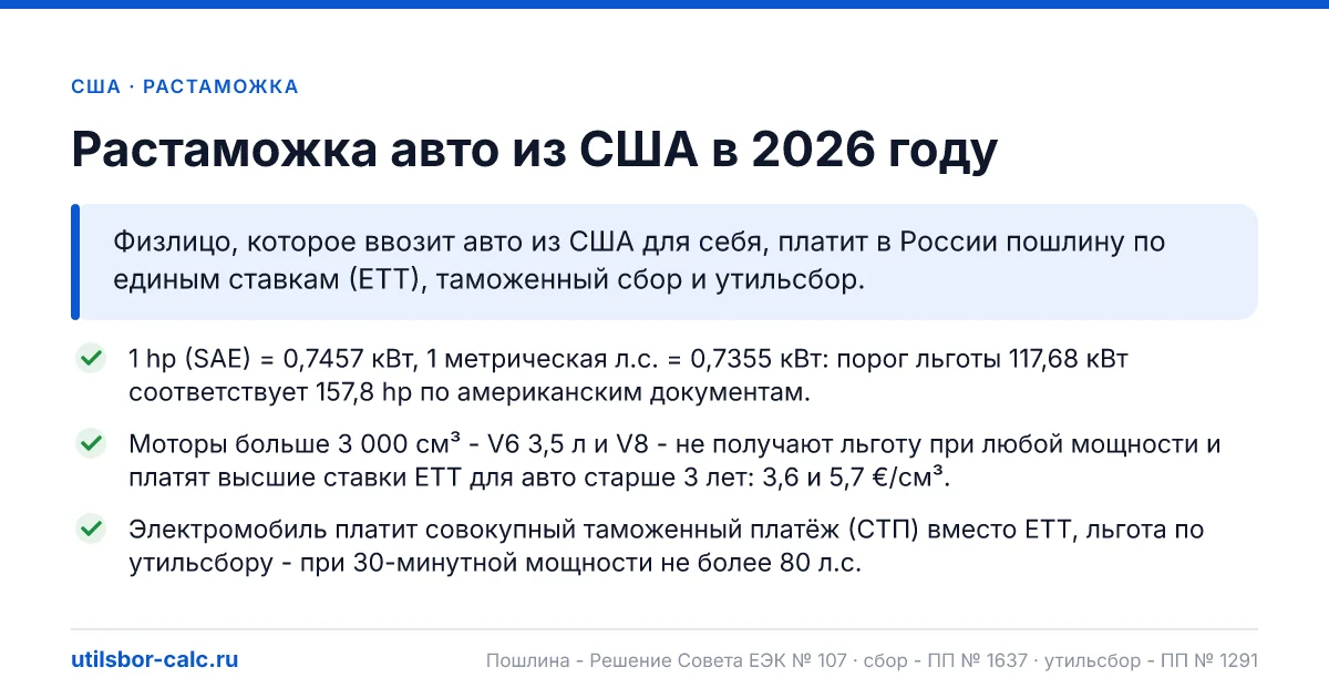 Растаможка авто из США в 2026: пошлина, утильсбор, итог