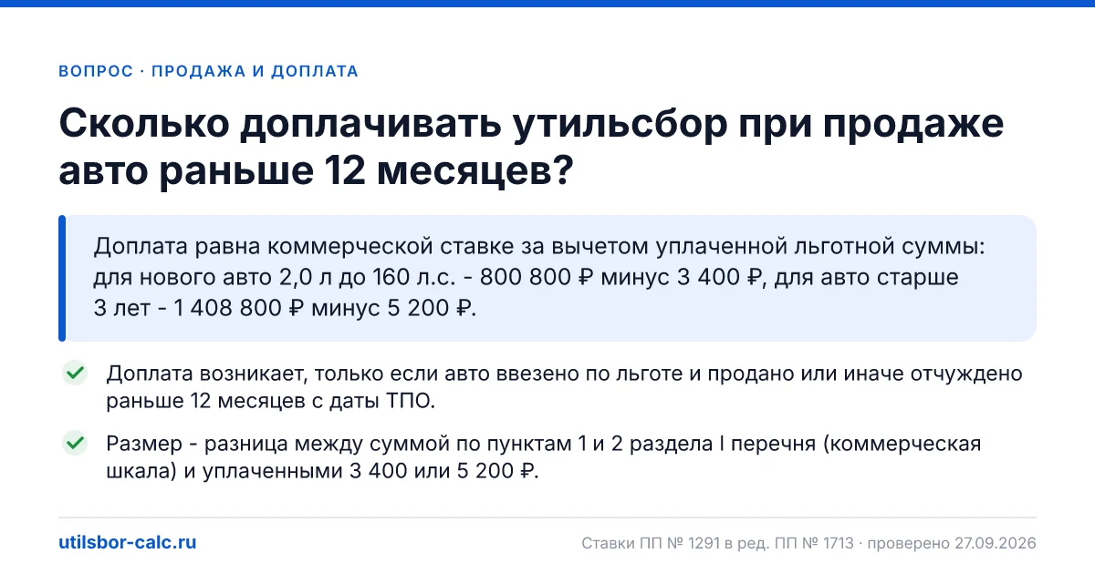 Сколько доплачивать утильсбор при продаже авто раньше года