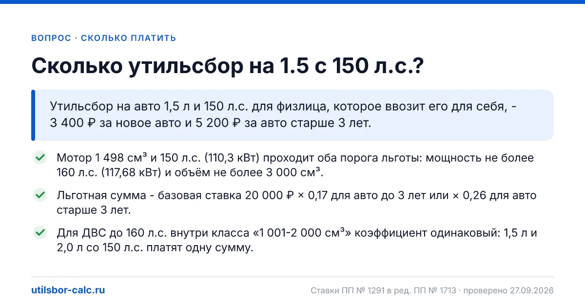 Утильсбор на авто 1,5 л и 150 л.с. в 2026 году