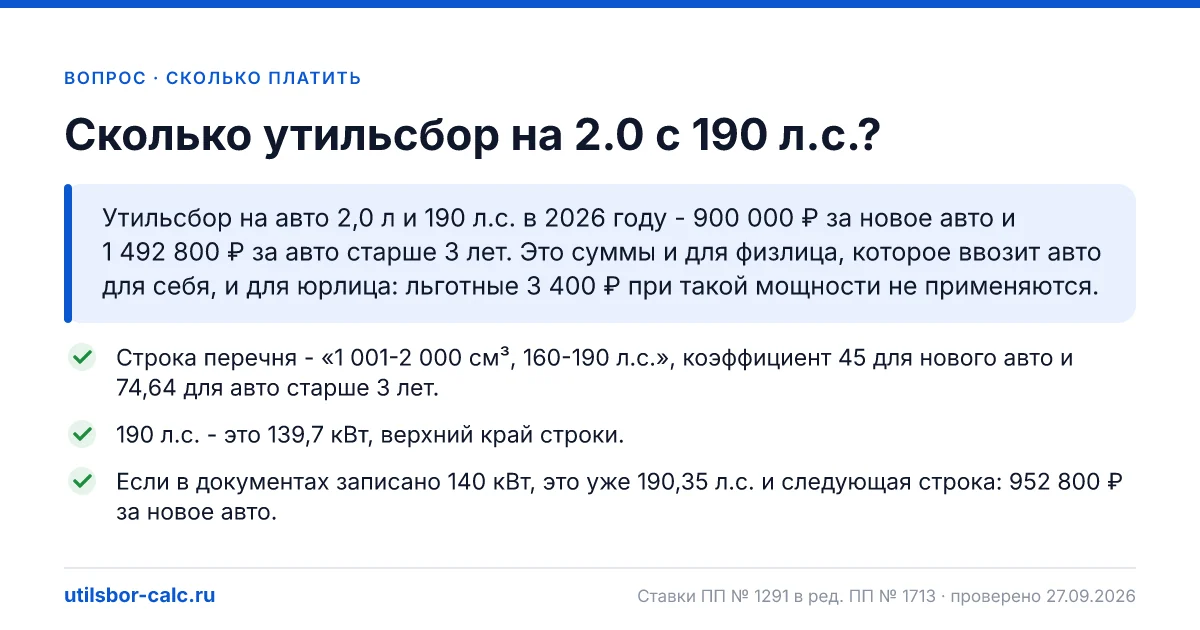 Утильсбор на авто 2,0 л и 190 л.с. в 2026 году