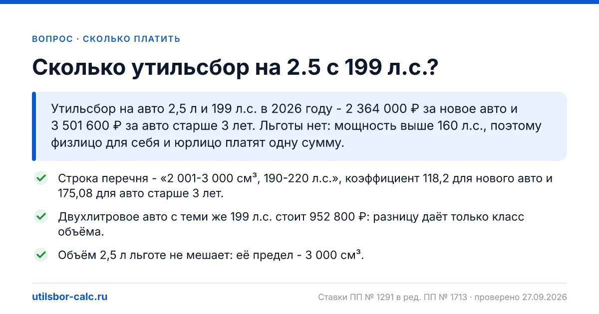 Утильсбор на авто 2,5 л и 199 л.с. в 2026 году
