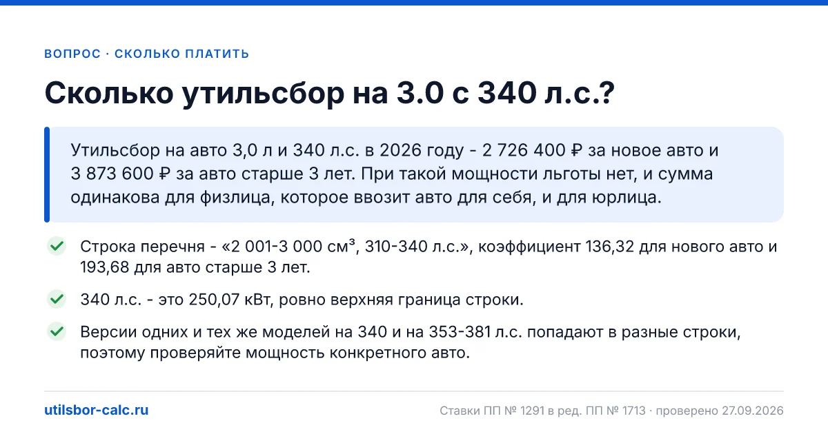 Утильсбор на авто 3,0 л и 340 л.с. в 2026 году